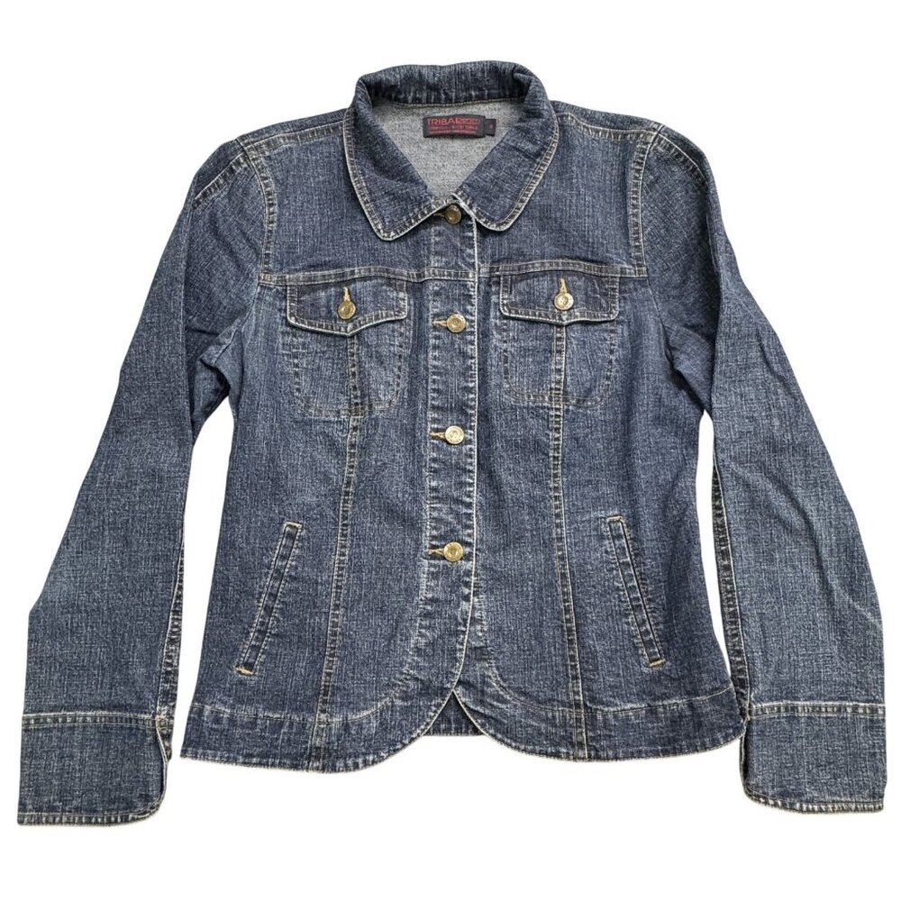 Tribal Denim Womens Blue Jean Jacket Size 8 Button Up Pockets Long Sleeve Collar